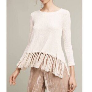 Eri + Ali | Cream Fringe Tulip Back Long Sleeve Knit Sweater Size XS